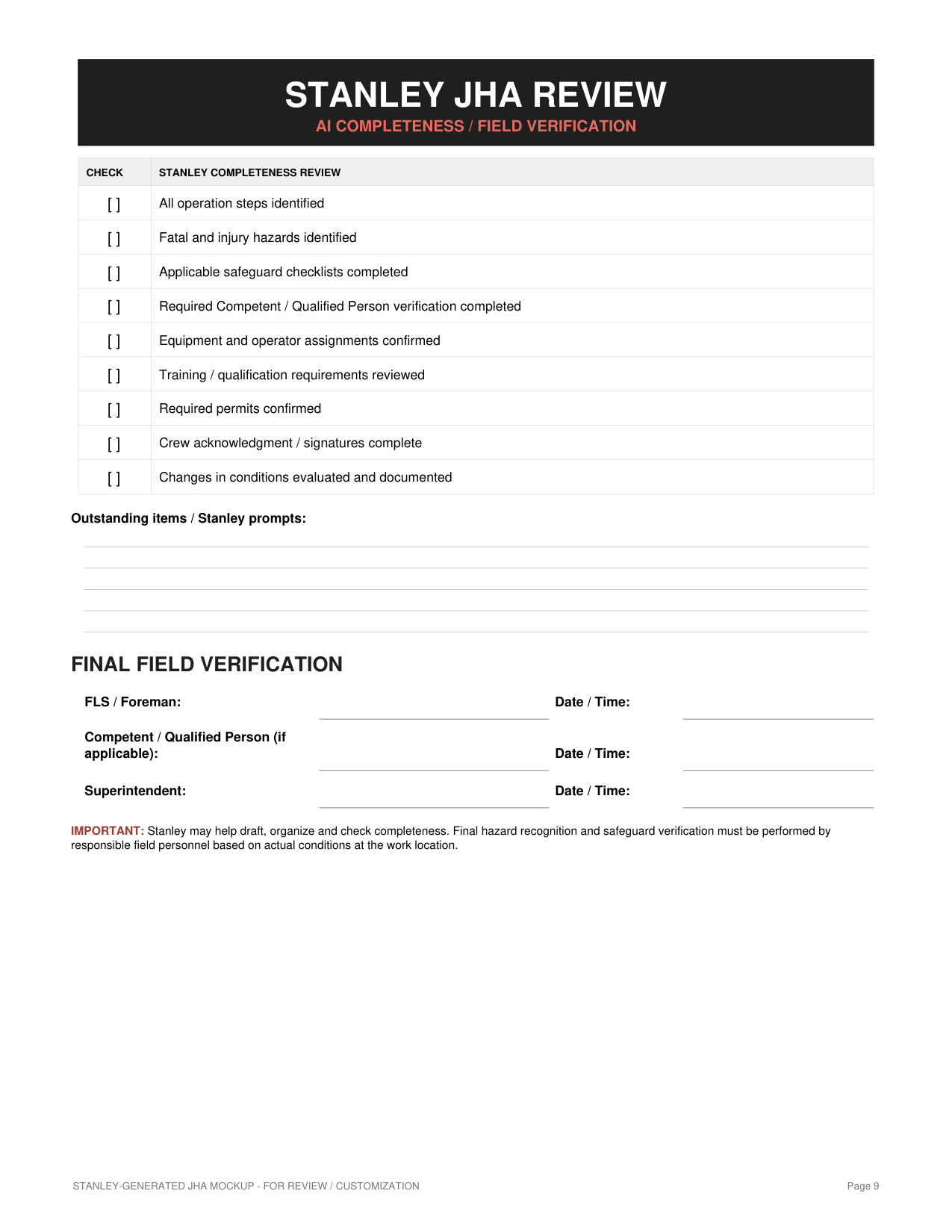 JHA — Operations Start Card — page 9